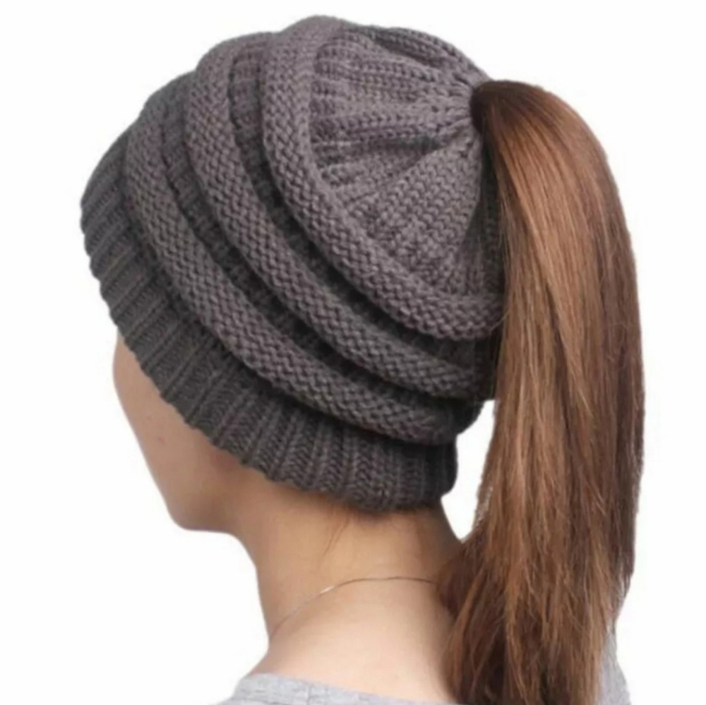 Gray Messy Bun/Ponytail Beanie